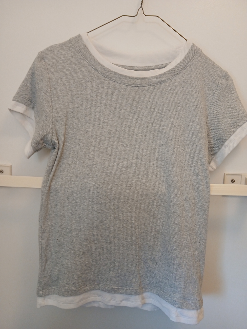 LOFT Gray Heather Short Sleeve Ringer Tee with White Trim